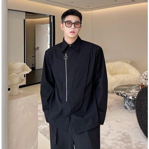 Autumn mens long sleeved shirt functional style zipper decoration Korean trendy mens shirt hairdresser loose casual coat