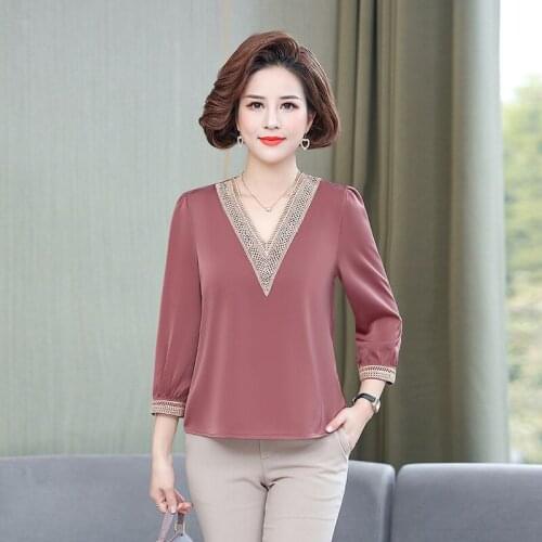 Autumn Women V-neck Blouse Shirt Lady Office Tops Casual Solid Nine Quarter Sleeve Lace Blusas Vintage Solid Shirt Clothing 5XL