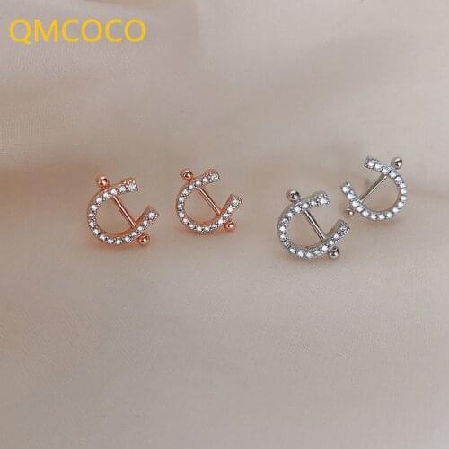 QMCOCO Creative Design 925 Silver Geometric U-Shape Simple Personality Zircon Fine Earrings For Girl Birthday Party Jewelry Gift