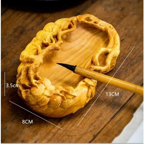 Wood carving Four Treasures of The Study Pine Brush Scrubbing Inkstone Calligraphy Supplies Study Room Chinese Decoration