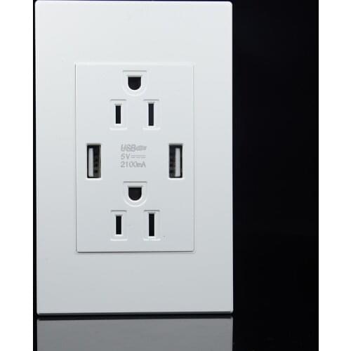 118mm white American USA Standard Double 3-pole socket with 2USB ports 2.1A PC flame retardant household safety power plug 15A