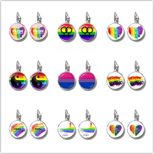 LGBT Earrings Bi Pride 16mm Glass Cabochon Gay Pride Rainbow Flag Photo French Hooks Earrings Jewelry For Women Men Lovers Gift