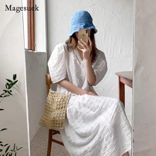 Korea Solid Cotton V-Neck Dress Women 2021 Summer Long Dress for Women Casual Bubble Sleeve Loose High Waist Dress Vestido 14482