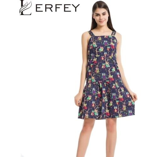 LERFEY Women Summer Casual Dress Off Shoulder Sexy Owl Print Spaghetti Strap Loose Mini Dress Sleeveless Girl Cotton Dresses