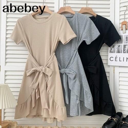 Fashion O-neck short sleeve Dress high waist bandage waist irregular Ruffles short Dress 2-piece set 2021 New Summer Women
