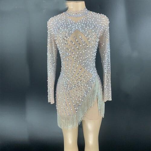 Women Sexy Stage Silver Rhinestones Fringe Pearl Transparent Dress Long Sleeves Women Dance Show Dress Bar Birthday Outfit Dress