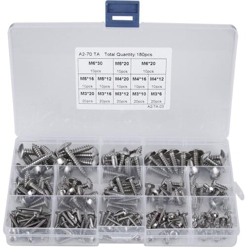 180Pcs M3 M4 M5 M6 Stainless Steel Self-Tapping Screw Set Flat Head Cross Wood Screws Assortment Kit Furniture Fittings Hardware