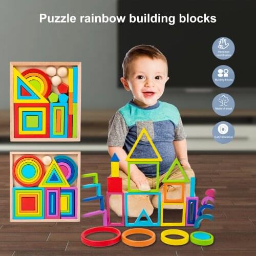 2021 Rainbow Building Blocks Puzzle Wooden Box Assembling Building Blocks Kids Magination Intellectual Early Educational Toy