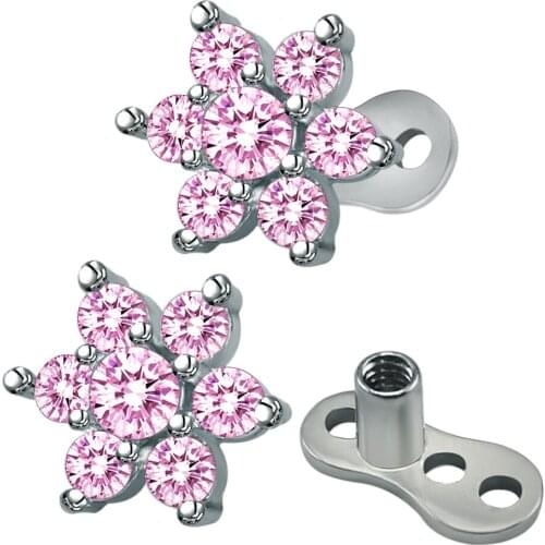 3 Color Brilliant Flower Crystal Internally Thread Dermal Anchor Stainless Steel Dermal Skin Diver Surface Piercings Jewelry