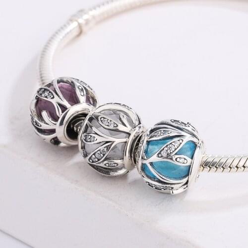 925 Sterling Silver Hollow Leaf Royal Blue Star Galaxy Beads Pendant Charm Bracelet DIY Jewelry Making For Original Pandora