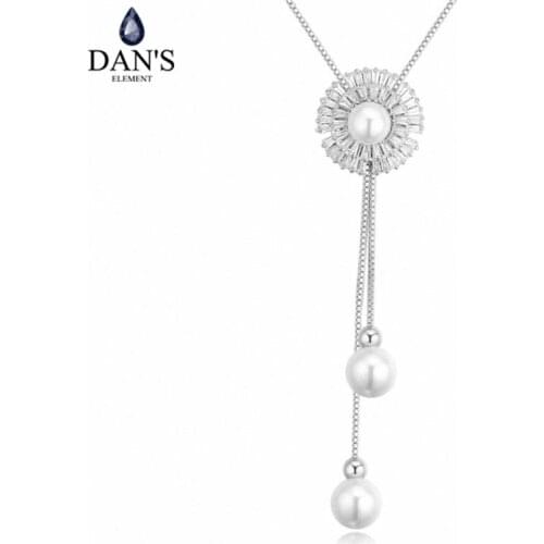 DANS Element AAA Zirconia Micro Inlays Fashion Pearl Tassel Pendant 3 Color Necklace For Women Valentines Gift 129850