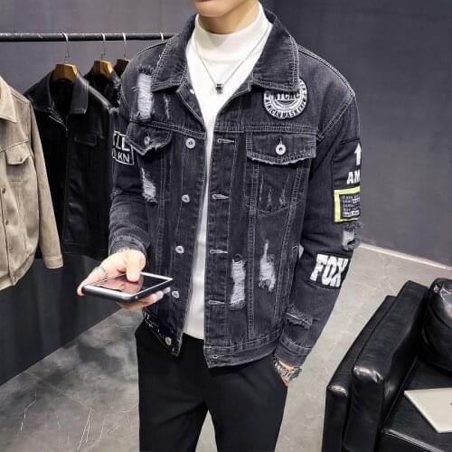 Streetwear Denim Jackets Men Holes Black Denim Coats High Quality Spring Autumn Men Outwear Casual Jean Jackets Cotton Jackets