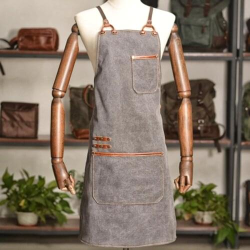 Gray Canvas Apron Cross back Straps Barista Bartender Restaurant BBQ Pastry Chef Uniform Florist Barber Gardener Workwear B43