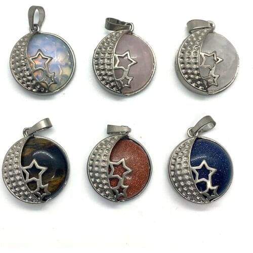 Exquisite Natural Stone Rose Quartz Crystal Star Moon Round Charm Pendant Making DIY Jewelry Necklace Bracelet Accessories