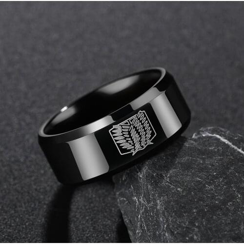 8mm Attack on Titan Black sliver Stainless Steel Ring Wings Of Liberty Flag Finger Rings For Men Women Jewelry Anime Fans