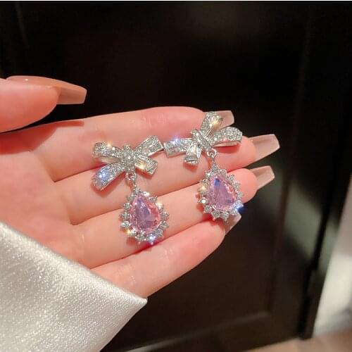 Fashion Lovely Bowknot Senior Dangle Earrings Contracted Temperament Fine Crystal Sweet Women Earrings
