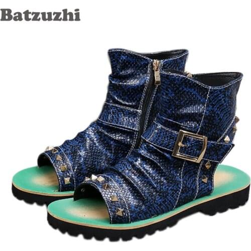2021 Brand New Men Leather Sandals Punk with Rivets Open Toe Ankle Sandal Boot Leather Blue Men Gladiator Summer Sandalias, US12