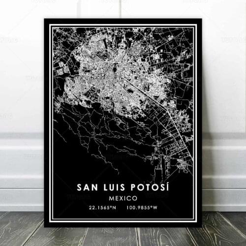 Black and White World City Map SAN LUIS POTOSI Wall Art Canvas Poster Prints Nordic Style Paintings Picture Living Room decorati