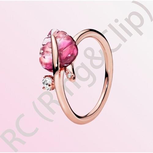 New Fashion Authentic 100% 925 Sterling Silver Women Rings Pink Murano Glass Leaf Ring Rose Ring For Women Jewelry Anniversary