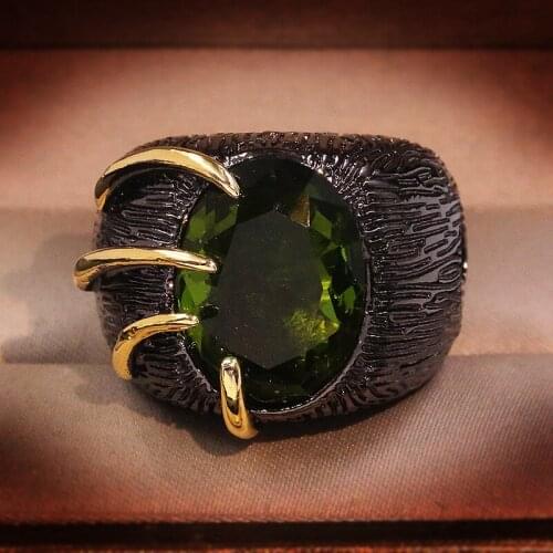 New Womens Vintage Black Gold Wedding Rings Big Oval Green Zircon Crystal Ring Engagement Party Bohemia Rings Jewelry