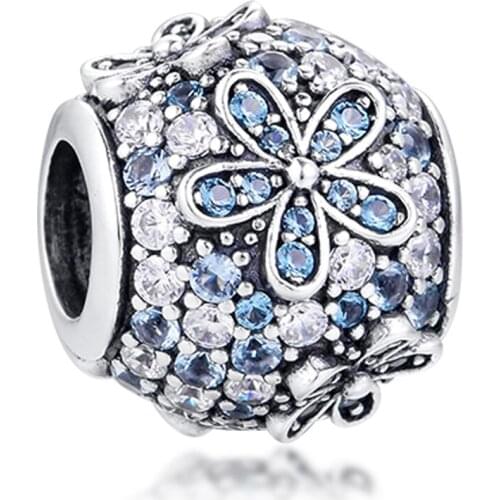 QANDOCCI 2020 New 925 Sterling Silver Spring Teal Pave Daisy Flower Charm Beads Fits Pandora Bracelets for Women DIY Jewelry
