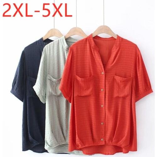 New 2021 Ladies Summer Plus Size Tops For Women Large Blouse Short Sleeve Casual Cotton Linen Red Blue Pocket Shirt 3XL 4XL 5XL