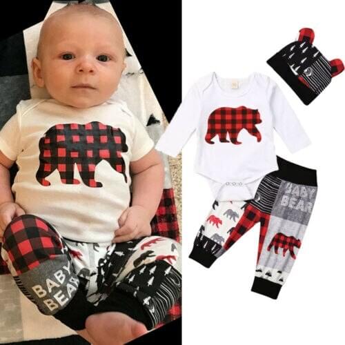 Toddler Girl Clothes 3PCS Newborn Baby Boy Girl Christmas Clothes Set Bear Print Bodysuit Pants Outfits