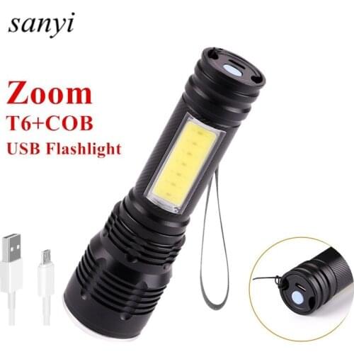 Portable T6 COB LED Rechargeable Flashlight USB Torch Lantern Zoom 3 Lighting Modes Mini Light Emergency Lighting Outdoor
