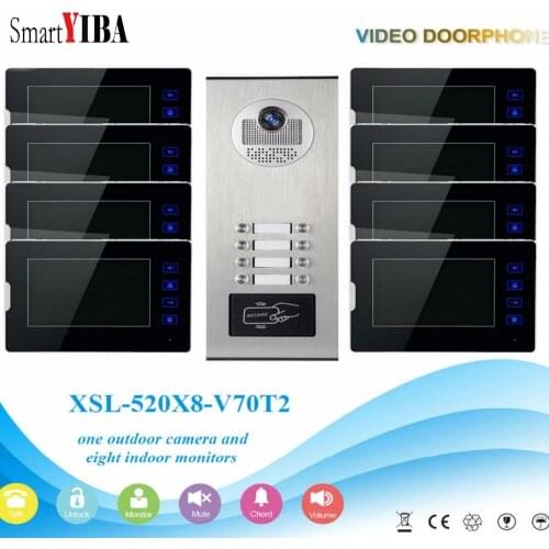 SmartYIBA Wired 7"Inch Monitor Video Intercom Door Phone Doorbell System Outdoor RFID Access Camera Intercom For 8 Apartment