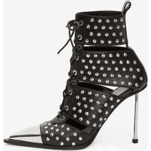 Real photo woman punk style black leather metal pointed toe high heel hollow lace up ankle boots