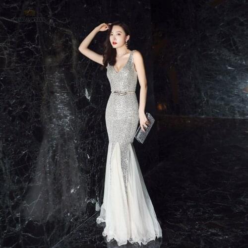 Sexy Prom Dresses Floor-Length In Stock Flexible Sequin V-Neck Mermaid Evening Dresses With Belt
