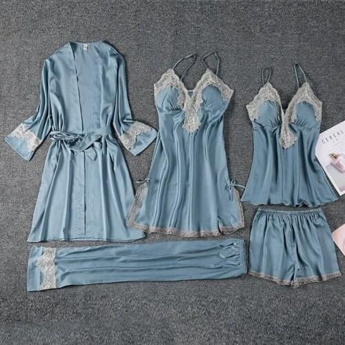 Blue 5PC Pajamas Set Women Sexy V-Neck Lace Trim Nightwear With Bra Strap Top&Pant Rayon Sleepwear Autumn Sweet Bow Home Clothes