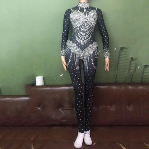 Black Glass Drill Dance Clothing Bodysuit Jazz Wear Women Performance Costumes Dj Singer Stage Clothes Outfit Jumpsuit DJ394