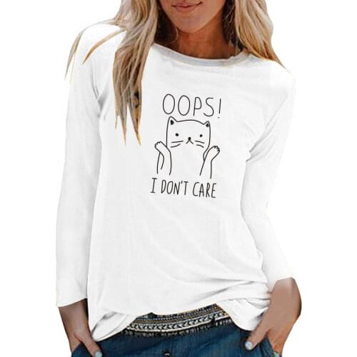 Oops I Don't Care Cat Print Long Sleeve Top Women Autumn Winter Woman Tshirts Fashion Graphic Tee Casual White Crew Neck Shirt