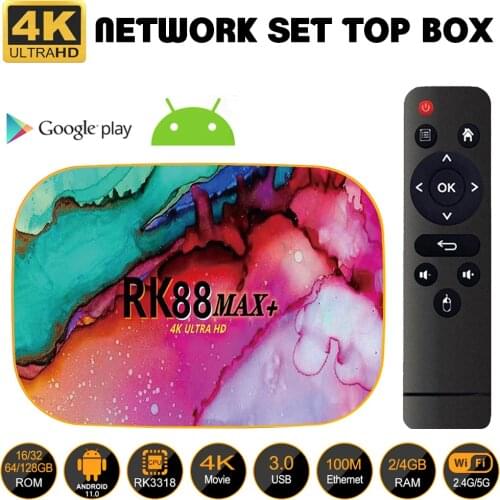 RK88 MAX+ Set Top Box Android 11.0 Quad-Core 4K 2.4G/5G Dual Band TV Box with USB Ports Supports HDMI, 3D, Blue-tooth