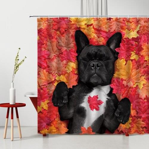 Funny Dog Shower Curtain Maple Leaf Cute Pet Animal Autumn Scenery Bathroom Decor Polyester Washable Bath Hanging Curtains Set