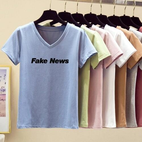 Short Sleeve Women T Shirt Summer 2020 Woman V Neck T Shirts for Girls Fake News Print Tops Ulzzang Funny Hiphop Tees Cool