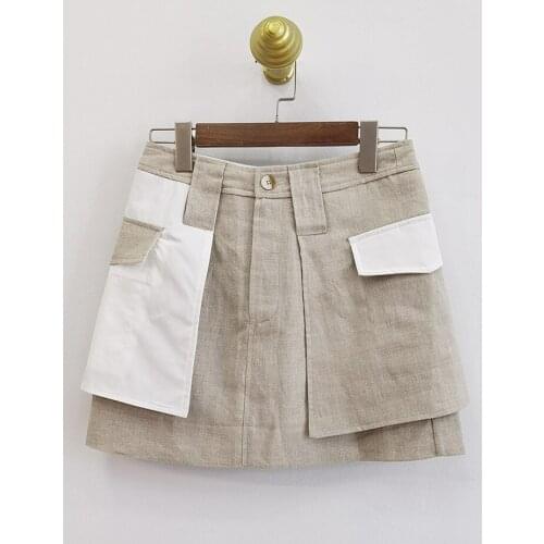 2021 New Women High Waist Mini Skirt Contrast Color Stitching Pocket Design Ladies Short Skirts Female Jupe