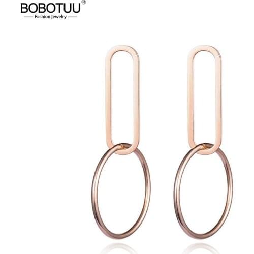 BOBOTUU Womens Fashion Geometric Round and Square Rose Gold Titanium Steel Womens Earrings Party Accessories BE17054