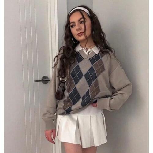 Preppy Style Argyle Plaid V Neck Sweater Women Autumn Casual Y2K Jumper Female Korean Fashion Winter Pullover Vintage Clothes