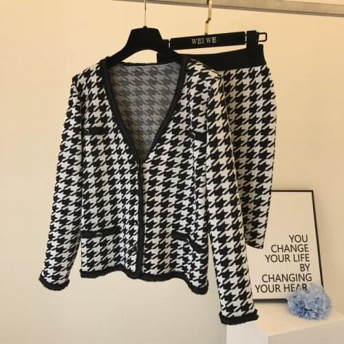 Amolapha Women Knit Houndstooth Sweaters+Skirts Sets V Neck Single Breasted Woman Knitted Jumpers Mini Skirt Suits