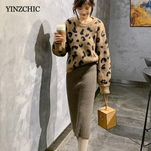 2020 Autumn Woman Knit 2PCS Set Leapard Print Loose Sweater Pencil Skirt Suits Casual Female Knitted Suit Sets Winter Basic Warm