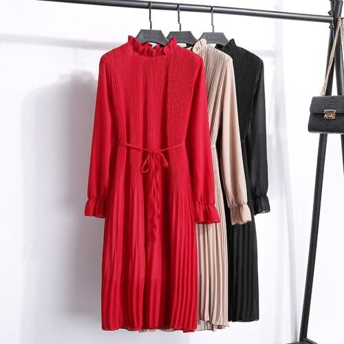 Women Two layers chiffon pleated dress 2019 spring autumn female vintage elegant long sleeve loose casual office lady dresses