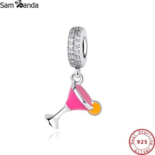 100% 925 Sterling Silver Charm Bead Pink Fruity Cocktail Pendant Enamel Charms Fit Original Bracelet DIY Women Fine Jewelry