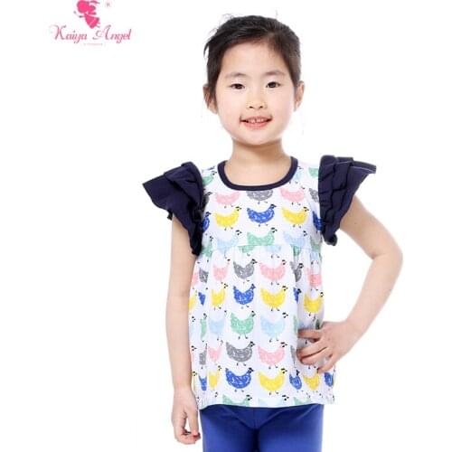 2018 Summer Girls Shirts 3 Ruffle Sleeve Top Icing Floral Print Shirt 1-8T Easter Chicken Feather Toddler Girl Shirts Wholesale