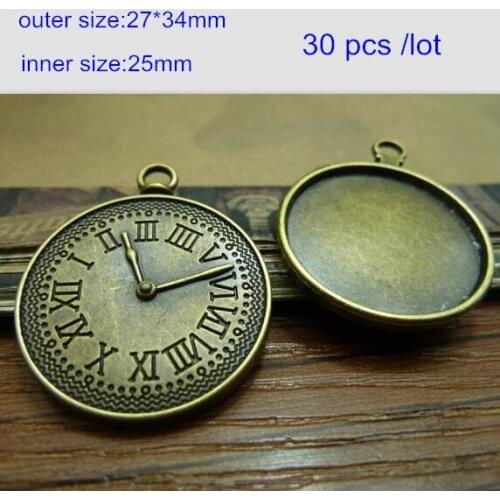 Free Shipping -30 pcs Big Round Clock Cabochon Base Settings,27*34mm Fit For 25mm Round Cameo,Blank Pendant Tray,Vintage Jewelry