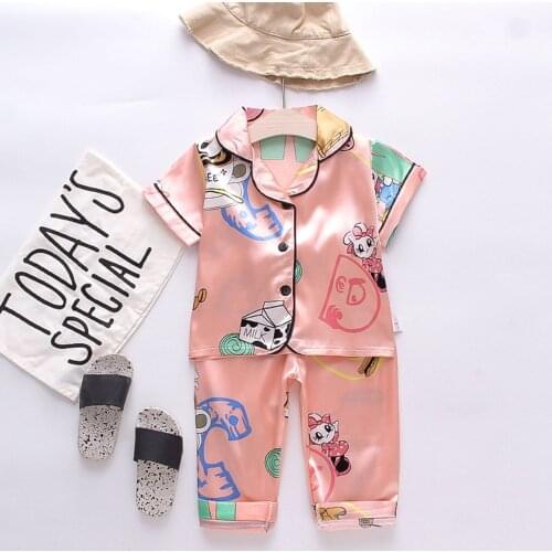 1-5Years New Summer ice silk Toddler Kids Baby Girls Cartoon Animal Tops+Pants Pajamas Sleepwear Outfits pijamas de bebe niña M4