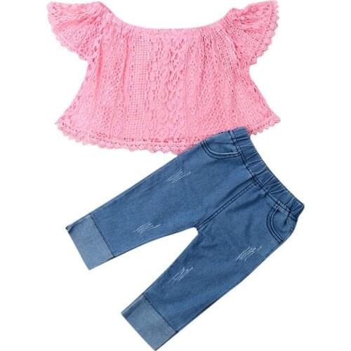 6M-4T Toddler Kids Outfit 2pcs Baby Girls Clothes Set Infant Lace Off Shoulder Top+Denim Pants Jeans Children Clothing Set