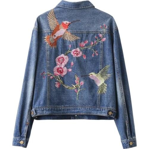 European Spring and Autumn New Womens Fashion Wild Plum Embroidered Denim Jacket Coat