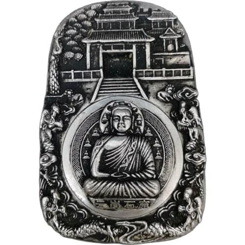Chinese old Tibetan Silver Relief Inkstone Plate with silver the Buddha statue Inkstone